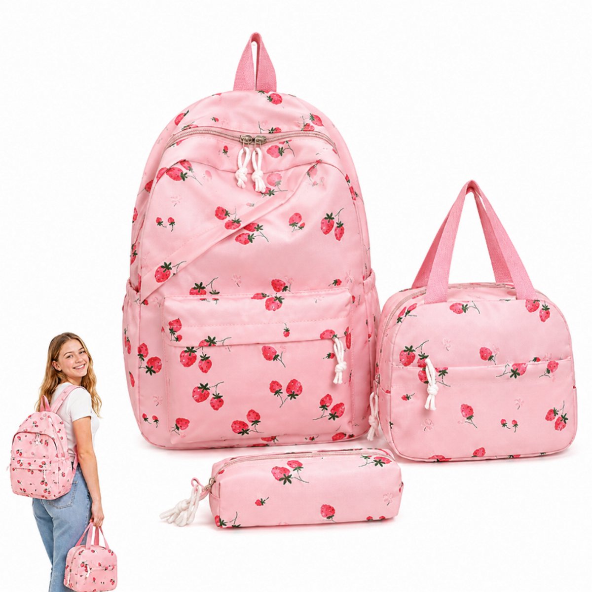 Bobypet - Rugzak 3-in-1 Set - Met Koeltas en Etui - Strikjes Design - Waterafstotend - Lichtgewicht Schooltas & Laptoptas tot 17 Inch - roze
