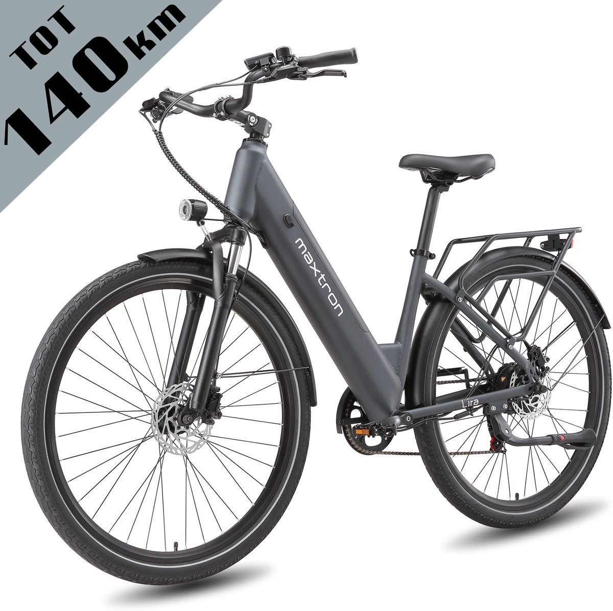 Maxtron Lira 28 Inch Elektrische Stadsfiets - 48V 15Ah Lithium-accu - Actieradius tot 140 km - 250W Motor - Hydraulische Schijfremmen - Shimano 7 Versnellingen - Max. Belastbaar 120 kg - Met Achterlicht - Grijs