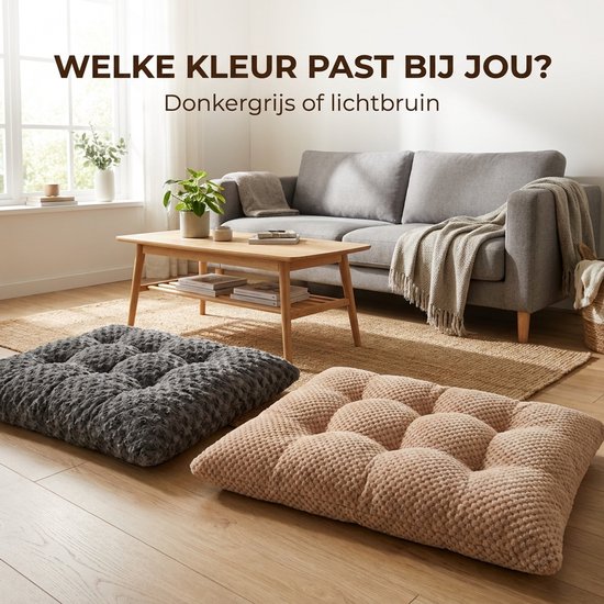 Donkergrijs of lichtbruin hondenkussen met wafelpatroon.