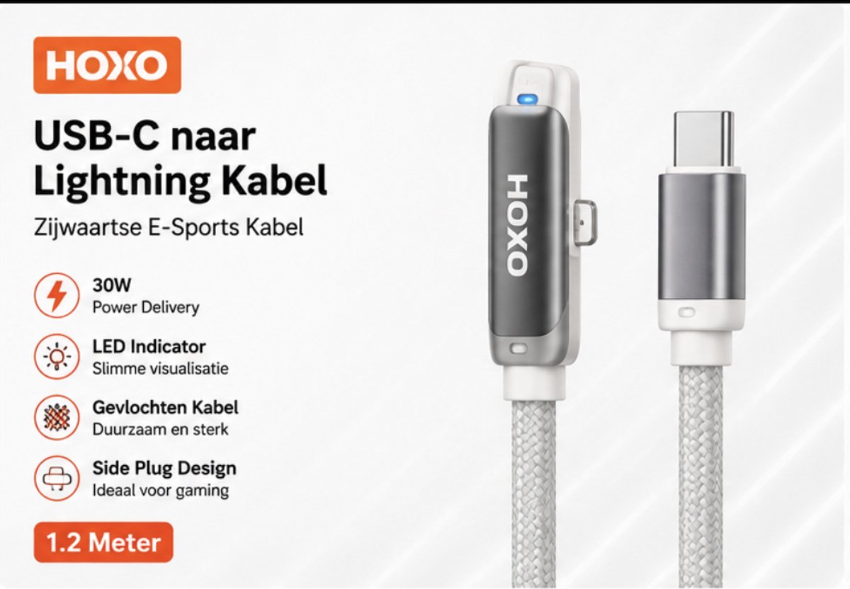 HOXO USB-C naar Lightning Kabel 1.2 Meter - 30W PD Snelladen - Side Plug E-Sports Gaming Kabel met LED Indicator - Gevlochten - Geschikt voor Apple iPhone met Lightning aansluiting