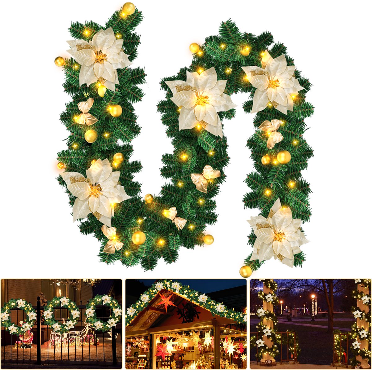 Kerstguirlande met verlichting 2,7 m - 50 led - goud decor – foto 4