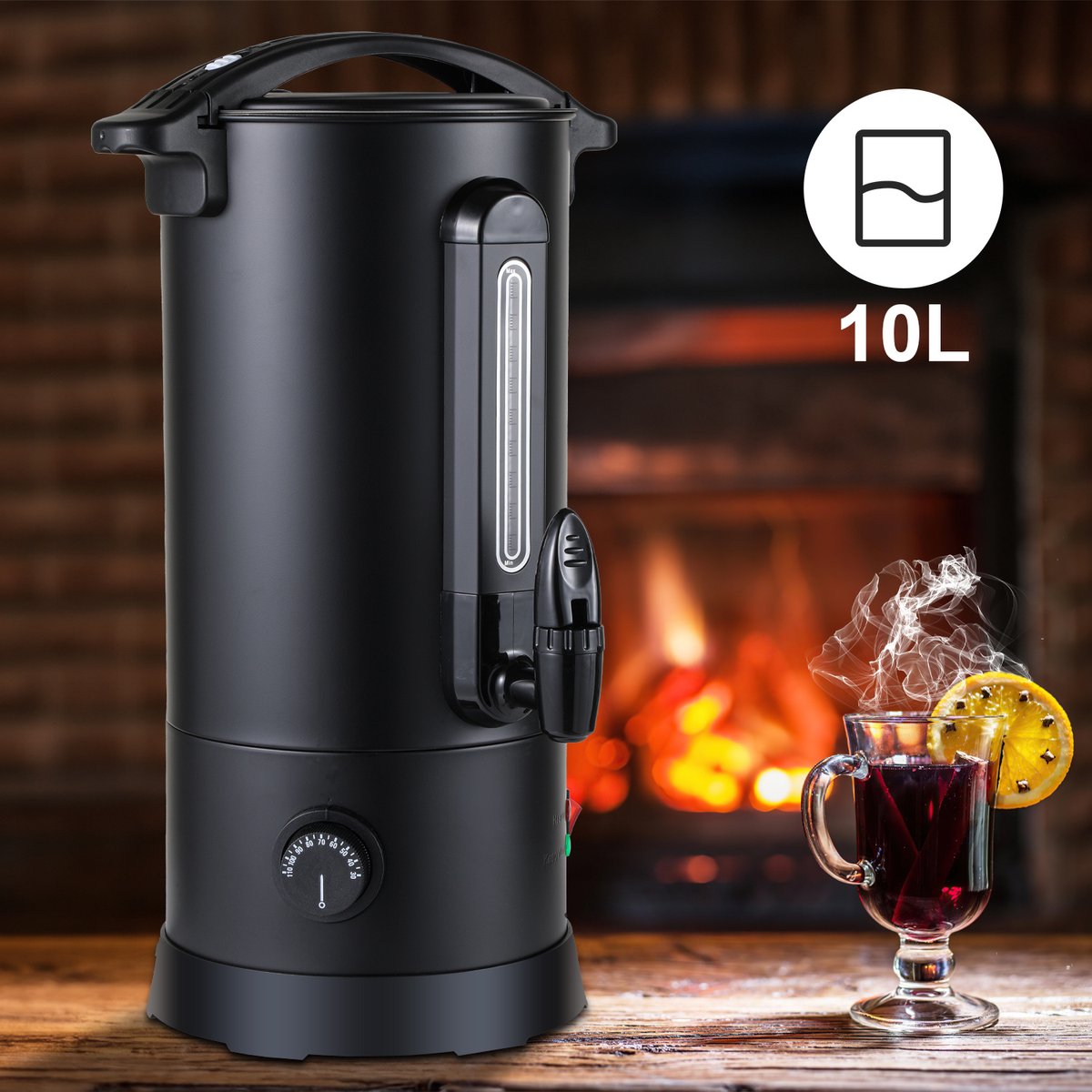 glühweinpan 10 L – heetwaterdispenser 1800 W, tapkraan, 30–100 °C, oververhittings- en droogkookbeveiliging