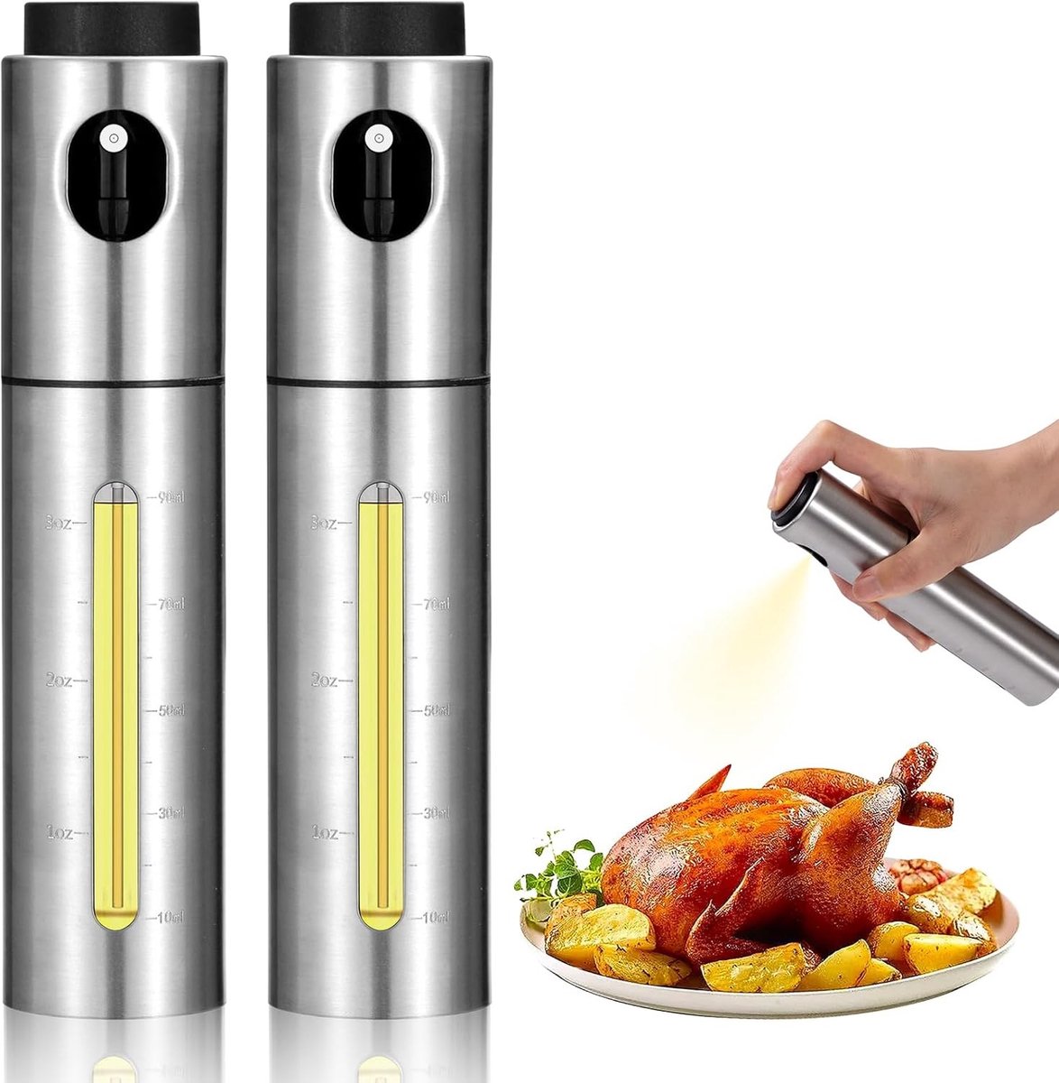 Olijfoliesprayer - RVS - 100 ml - Dubbelset Oliespuitflessen met Maatverdeling - Voor Koken en Barbecue