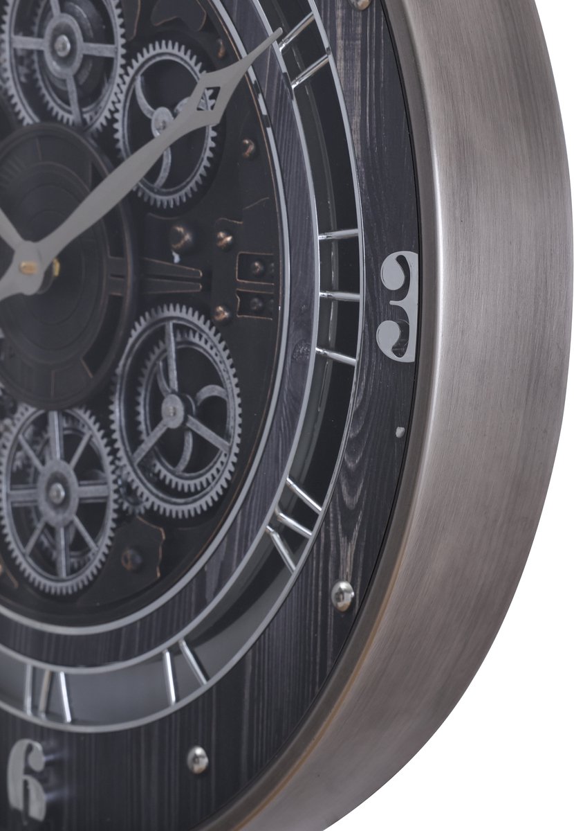 Fresco Wandklok 60 Ø cm met Bewegende Tandwielen – Black Wood & Silver – Grote Industriële Wandklok — cadeau in Wonen & Interieur - foto 4