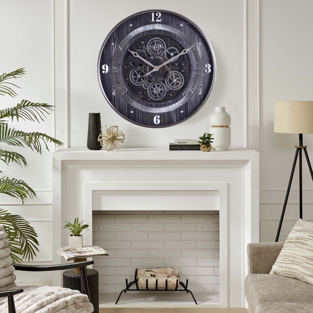 Fresco Wandklok 60 Ø cm met Bewegende Tandwielen – Black Wood & Silver – Grote Industriële Wandklok — cadeau in Wonen & Interieur - foto 7