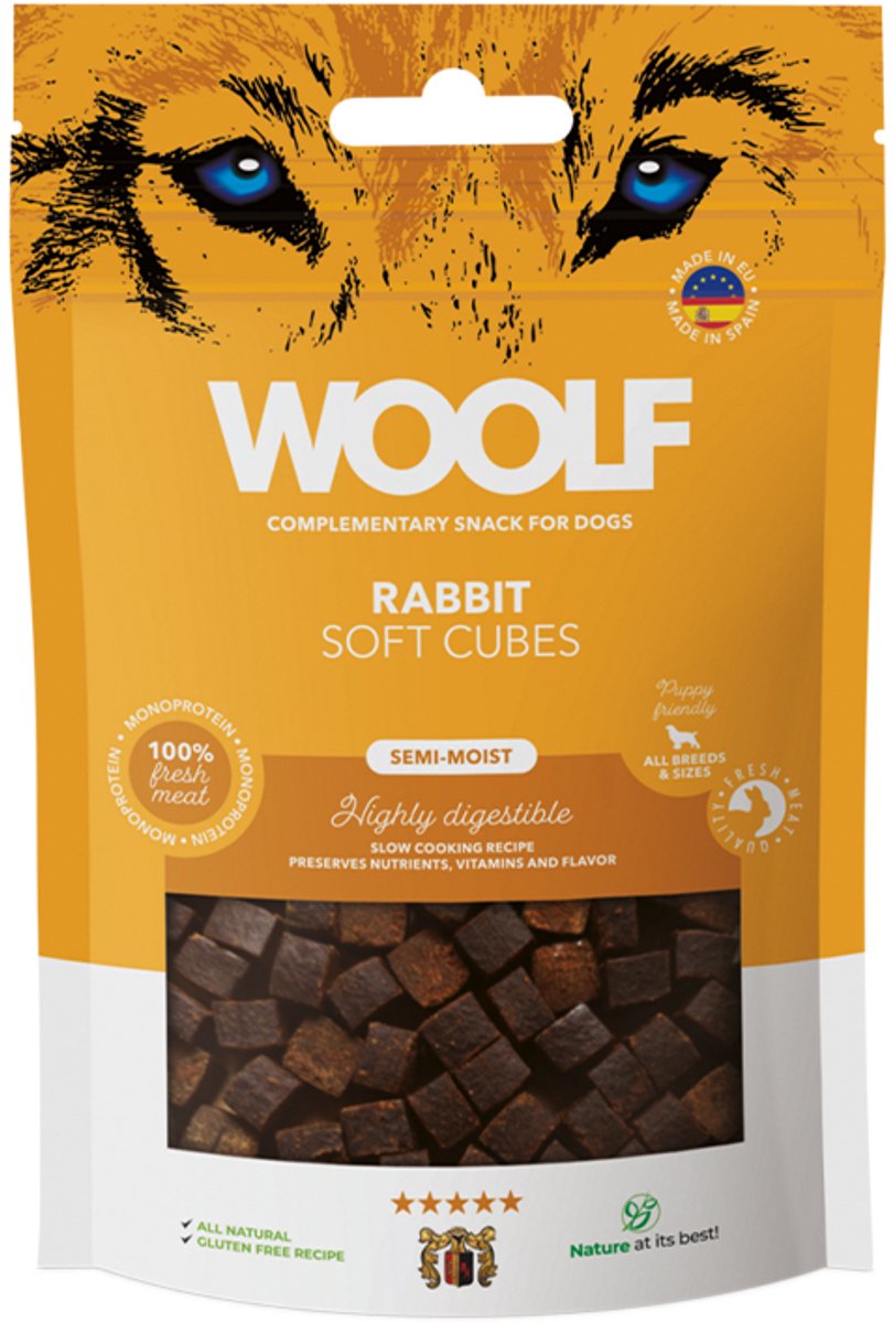 Woolf - hondensnacks 100 gr - Rabbit soft cubes - konijnenblokjes semi moist - monoproteine - glutenvrij - geen toevoegingen - puur vlees - lekker en gezond
