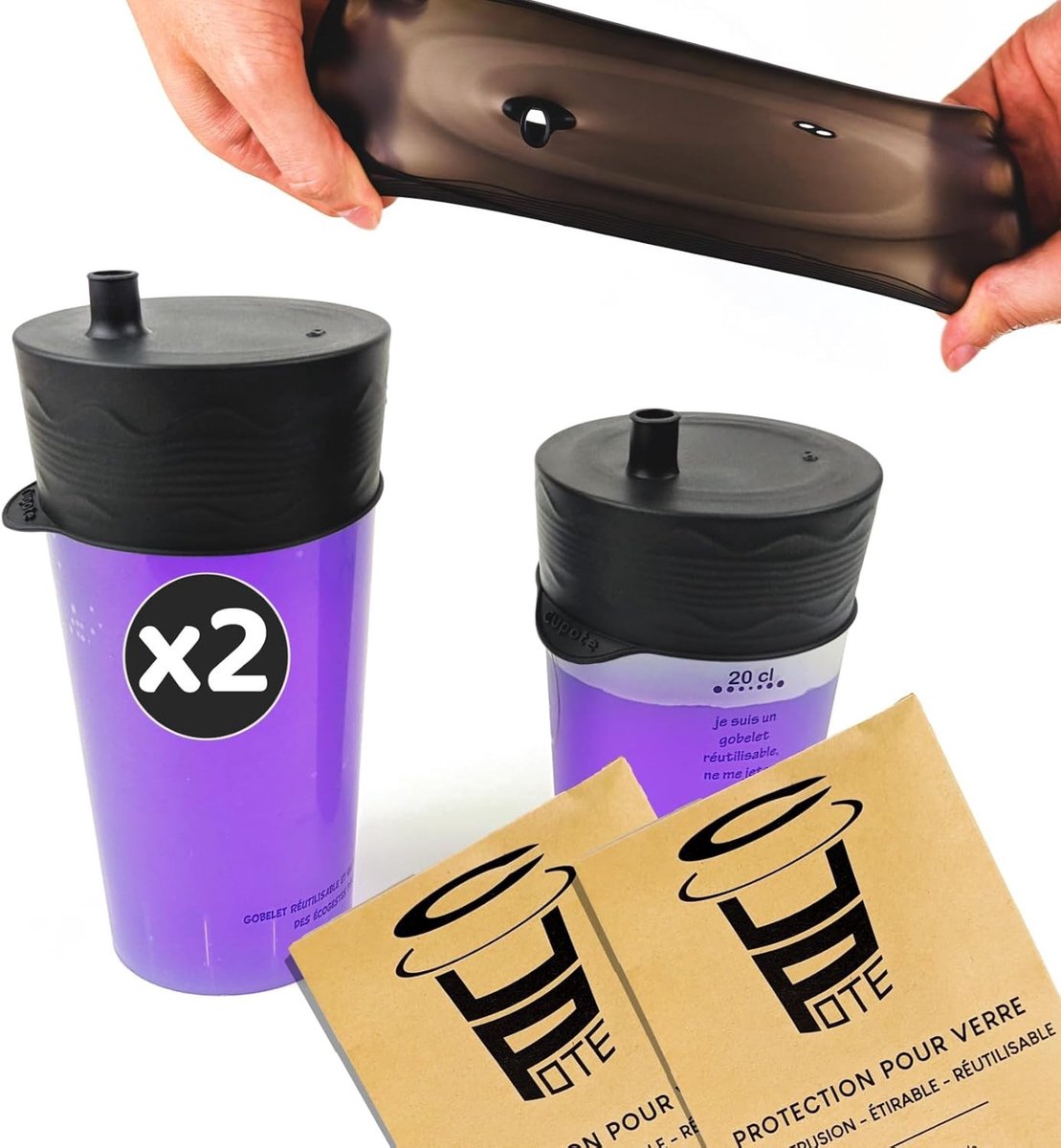 Set van 2 herbruikbare anti-drugsbeschermers - Rekbare siliconen - Geïntegreerd rietje - Anti-kantelkap - Voor glazen van 40 mm tot 100 mm