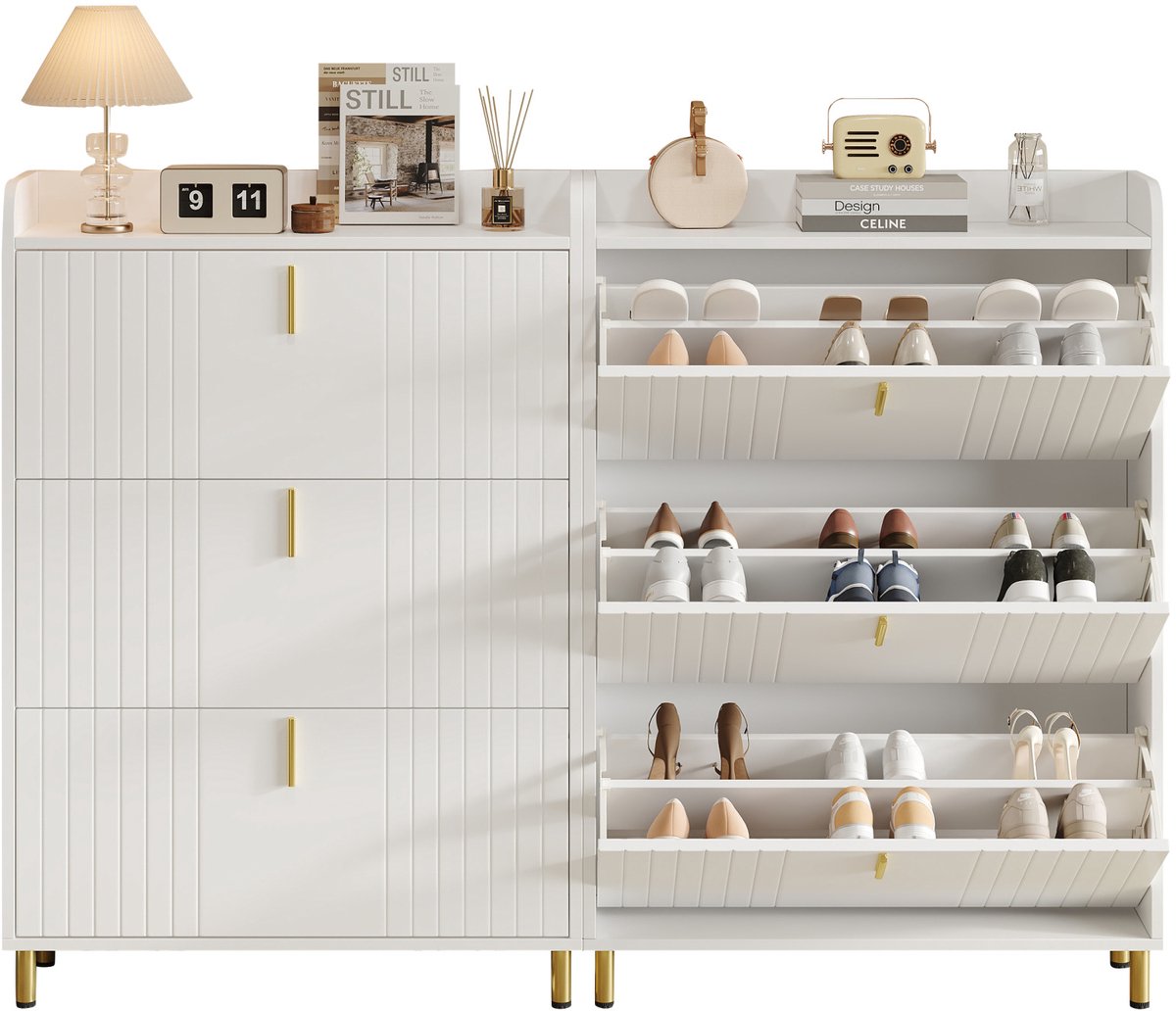 DESMIU Schoenenkast - 3 Kleppen Met Verstelbare Vakken En Antikantelbeveiliging - Voor Hal En Entree - MDF - 80x23,5x123,5 Cm - Wit