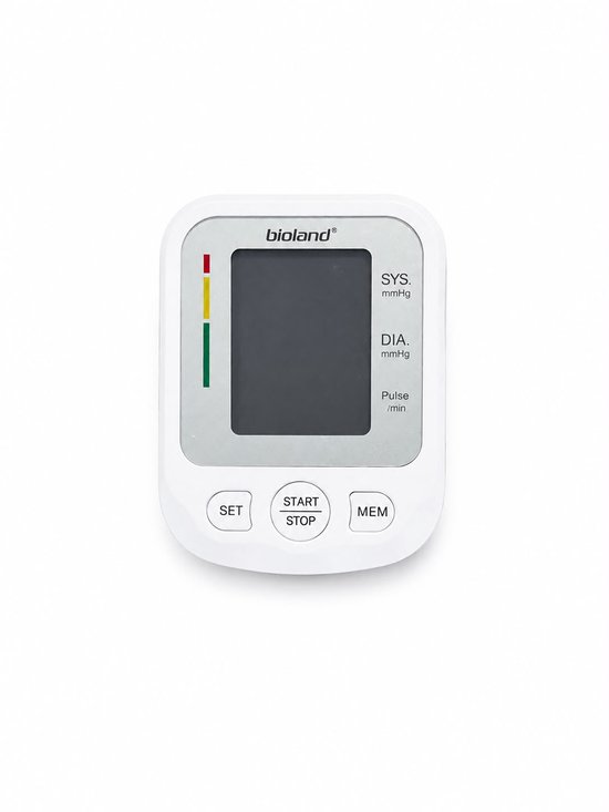 Witte Bioland bloeddrukmeter met grijs scherm, witte knoppen en verticale kleurenbalk.