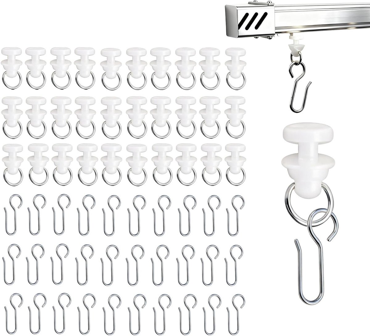 Set van 100 gordijnhaken met glijders, 50 metalen haken en 50 plastic glijders, perfect voor standaard gordijnrails voor ramen en douches, eenvoudig te installeren en duurzaam