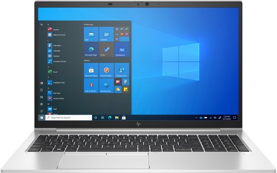 Zilveren HP Elitebook 850 G8 laptop met een 15,6-inch FHD scherm en Windows 11 Pro.