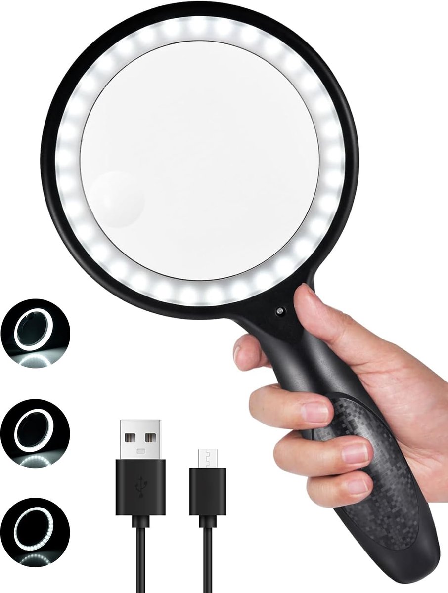 carmdering - Loep met Licht - Leesloep met Licht 30x/60x Vergroting - Vergrootglas met 33 LED's en 3 Lichtstanden - Grote Handloep voor Senioren - USB Oplaadbaar - Leesloep voor Boeken, Kranten en Kleine Details