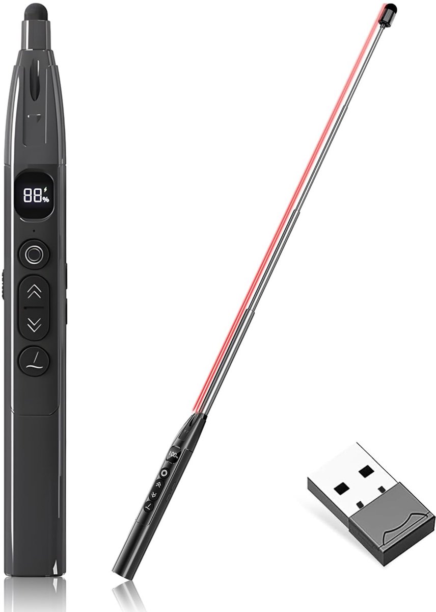 zurabini - Presentatie Klikker - Laserpointer - Pointer - Draadloze Presenter met USB, Rode Laser, Uitschuifbare Aanwijzer en Timer - Voor PowerPoint en Presentaties
