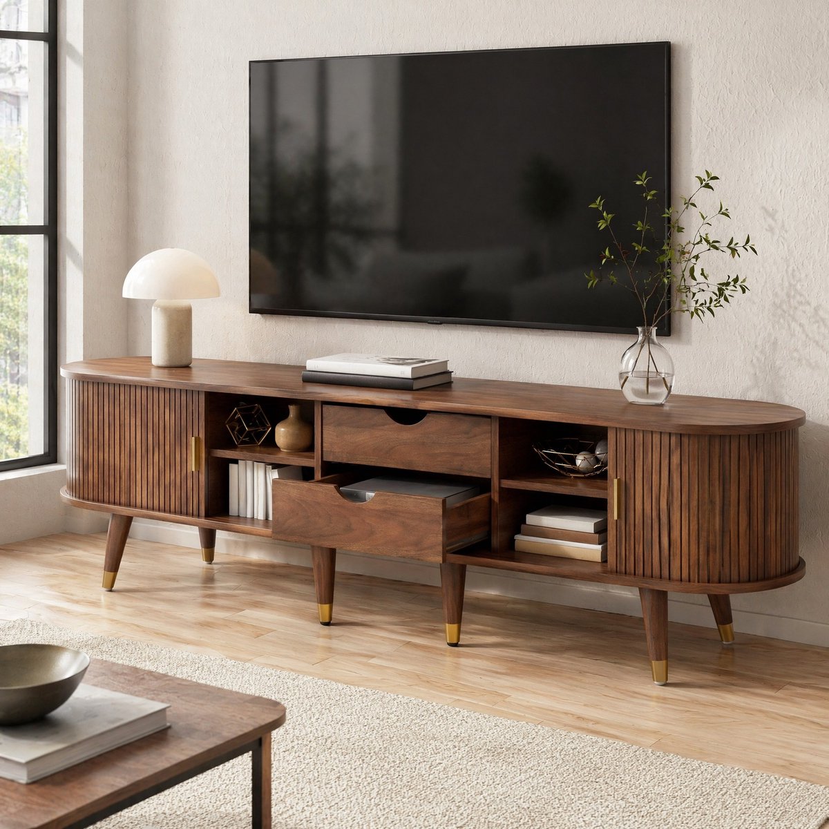 MEUNIQ TV-meubel 175 x 38 x 45 cm met schuifdeur met rotan element, open vakken, lades en kastvakken, tv-kast voor woonkamer in walnootkleur