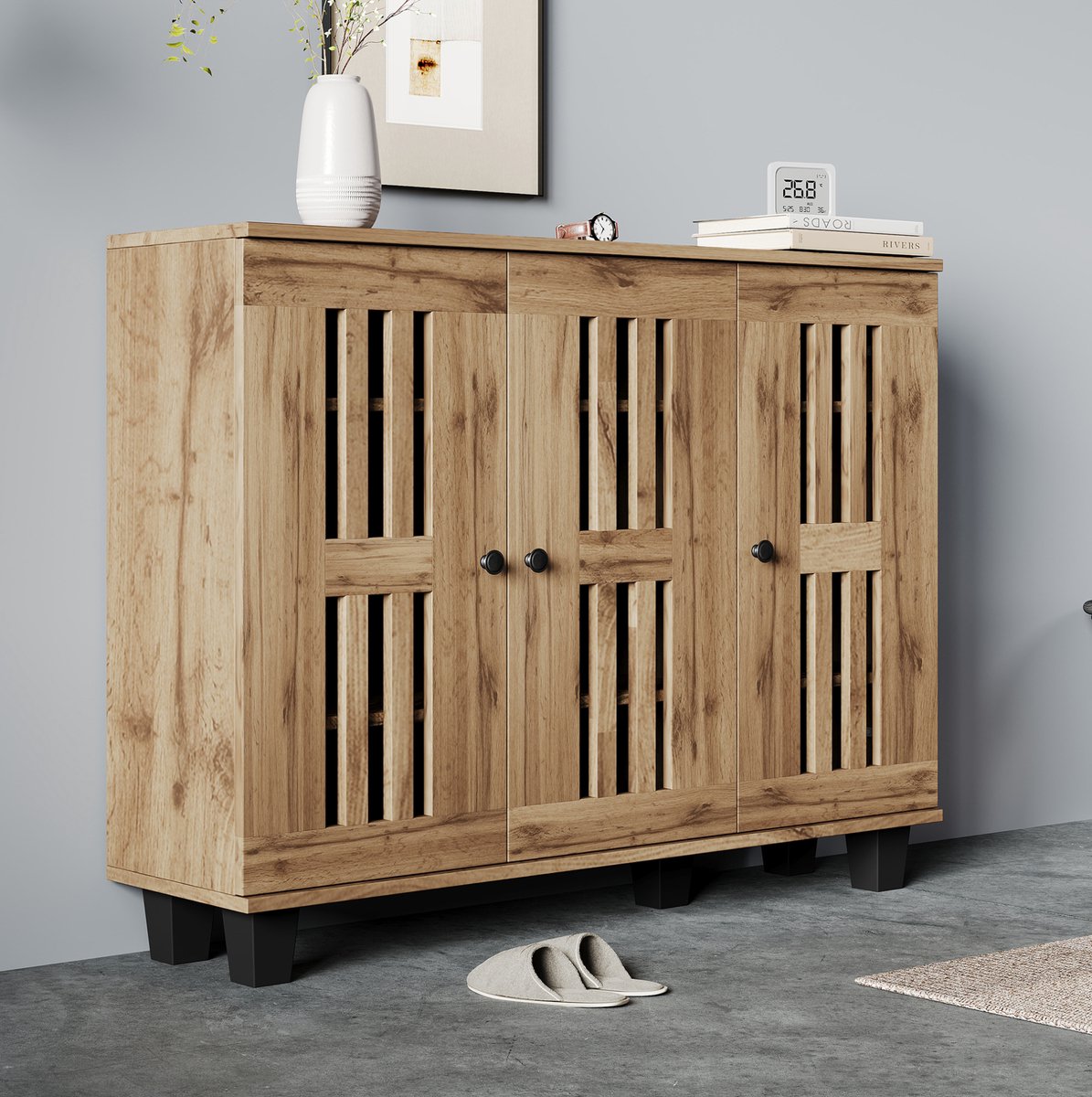 MEUNIQ dressoir kast 120 x 32 x 92 cm met 3 deuren en 8 vakken, opbergkast voor woonkamer, slaapkamer, kantoor of hal, naturel houtkleur