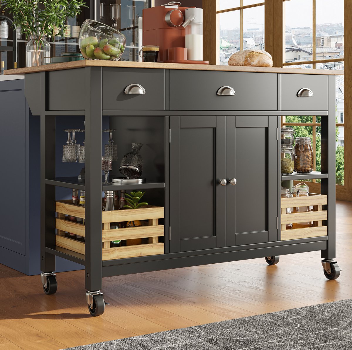 MEUNIQ Keukeneiland 120 x 45 x 90 cm met inklapbaar blad, wieltjes, lades, kast, uittrekbare opbergmand en verstelbare indeling voor keuken of eetruimte, zwart