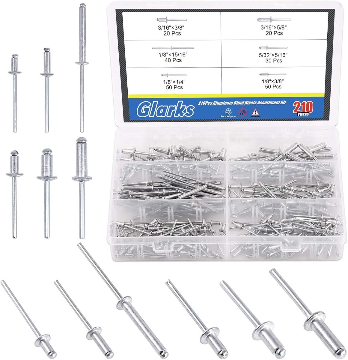 210 Stuks Aluminium Blind Rivets Assortiment met 6 Maten, Dome Head en Mandrels voor Diverse Toepassingen