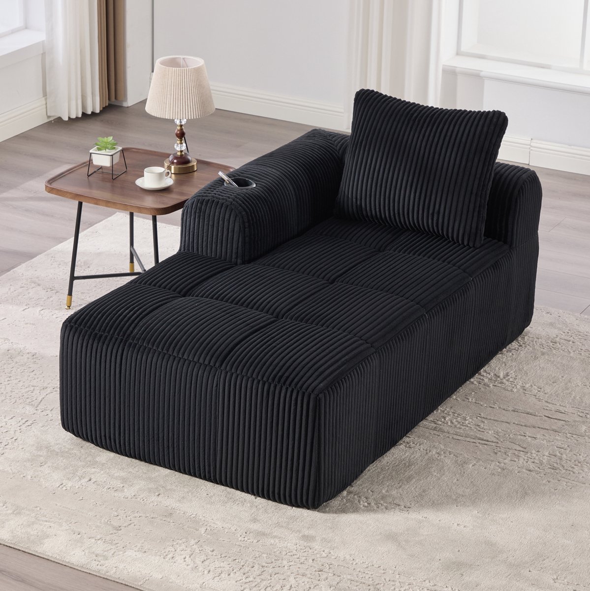 DESMIU Zitbank 158 Cm - 1-Zits Ligbank Met Zijvakken En Bekerhouders - Voor Woonkamer En Werkkamer - Ribcord Zwart