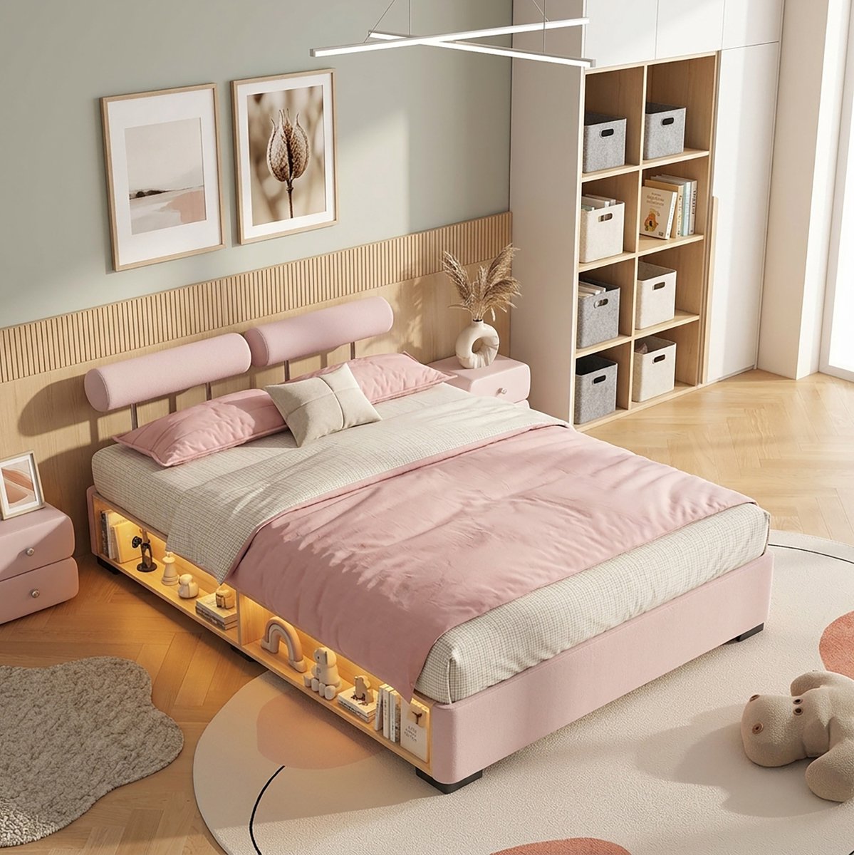 Kinderbed 140x200 cm - Gestoffeerd Bed Met LED Zijrek en Open Opbergruimte - Zonder Matras - Laag Bed Voor Kinderkamer - Roze