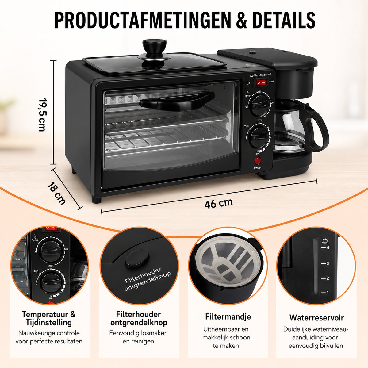 Celestul 3-in-1 Magnetron – Mini Oven 9L – Koffiezetapparaat met Geïsoleerde 600 ml Koffiekan – Broodrooster – Compact Keukenapparaat – Zwart thumbnail 4