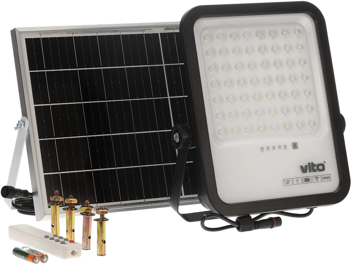 VITO Sahara - Solar LED Schijnwerper 150W - Schemersensor - 1650lm 6000K IP65 - 3.2V 12000mAh Accu - Zwart - 5m