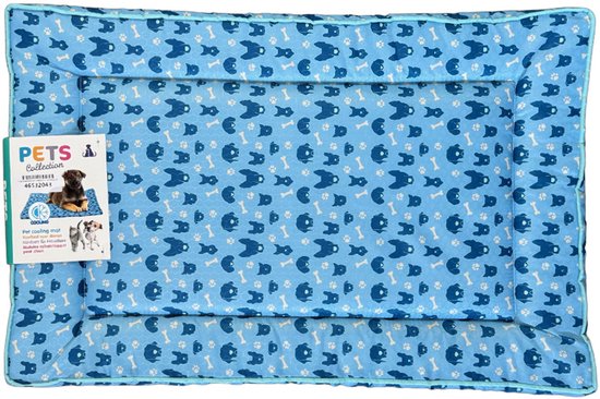 Blauw koelmatje met botjes en hondensilhouetten, omrand met lichtblauw.