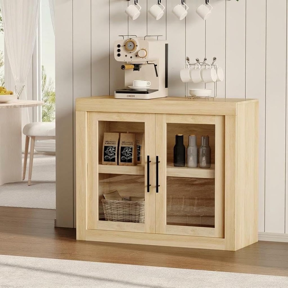 Modern buffetkast - Houten opbergkast voor koffiebar met 2 glazen deuren - Keukenbuffetkast voor eetkamer, woonkamer en hal - 90×80×37 cm - Houtkleur