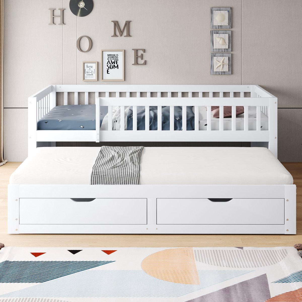 Merax Slaapbank 90x200 cm - volledig gesloten veiligheidshekken - met uitschuifbaar bed - met lade - kinderbed - wit - zonder matras