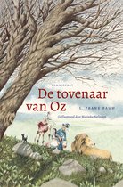Boekomslag 'De tovenaar van Oz' met Dorothé, de vogelverschrikker, de blikkenman, de laffe leeuw en Toto onder een grote boom.