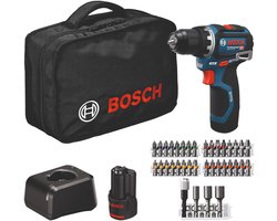 Bosch GSR 12V-32 Professional accuboormachine 12 V 32 Nm borstelloos (06019N7004) + 2x accu 2,0 Ah + oplader + 36-delige set accessoires + tas