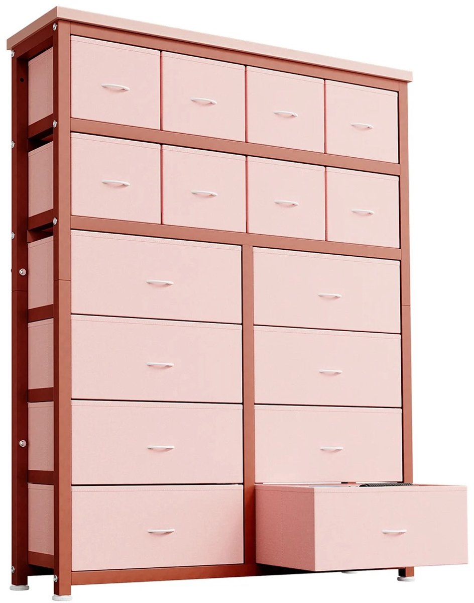 RosaBloom Ladenkast met 16 lades - Opbergkast - Slaapkamerkast - Halmeubel - Multifunctionele opbergkast - 103x30x130 cm - Staal MDF en stof - Roze