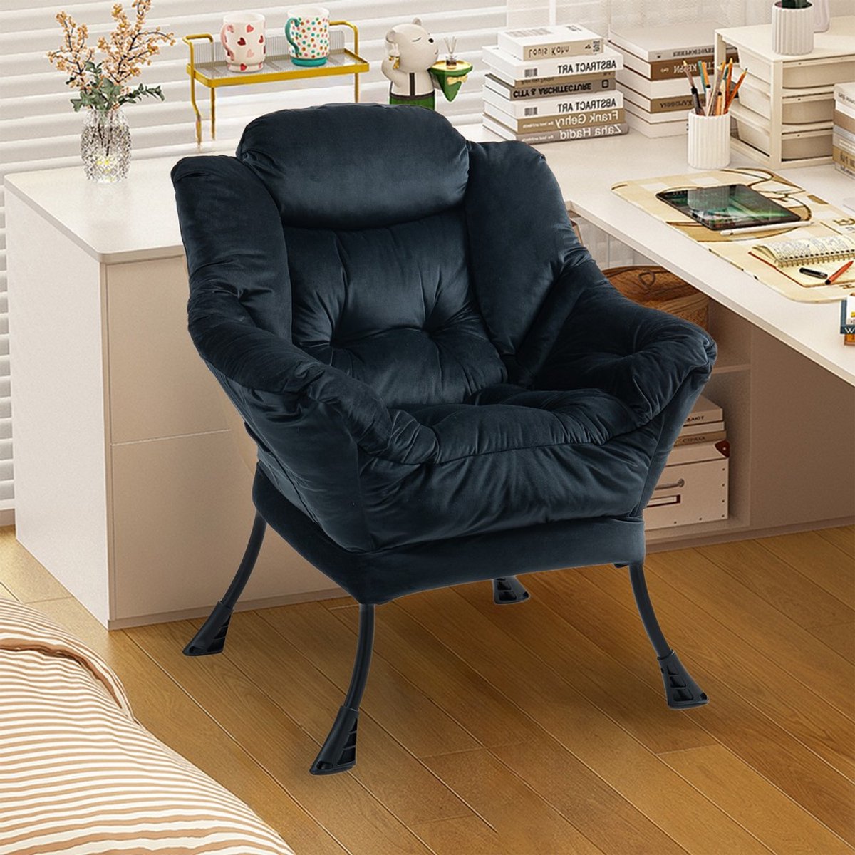 KOMHTOM - Relaxstoel - Comfortabele stoel met metalen frame en zijvak - Eenvoudige stijl - Voor slaapkamers, woonkamer en balkon