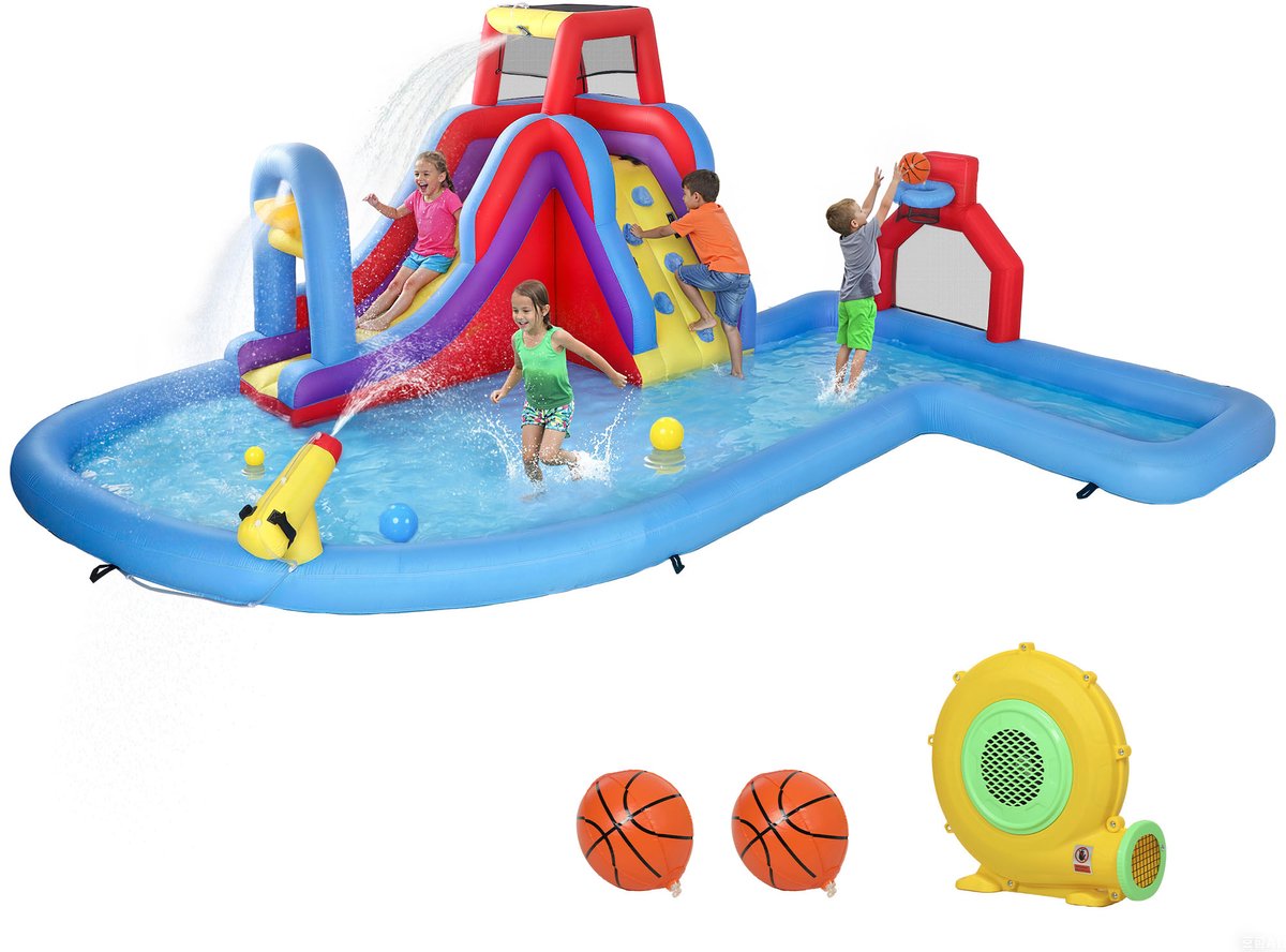 Springkussen - Opblaasbaar Waterpark 6-in-1 met 550W Blower - Springkussen met Glijbaan - Zwembad - Klimwand & Voetbaldoel - Buiten