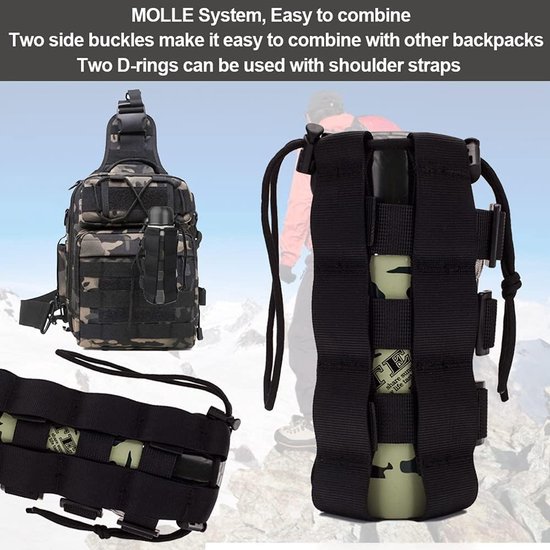 Bidontas - Bidonhouder - Tactische Bidonhouder voor Rugzak - Verstelbare Waterfles Tas - Systeem Fleshouder voor Riem - Duurzaam en Sneldrogend Nylon - Outdoor Drinkfles Tas met D-Ringen - Zwart — afbeelding 5