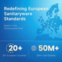 Een kaart van Europa met lichtgevende verbindingen en de tekst 'Redefining European Sanitaryware Standards'. Cijfers tonen 20+ landen en 50M+ wereldwijd verkocht.