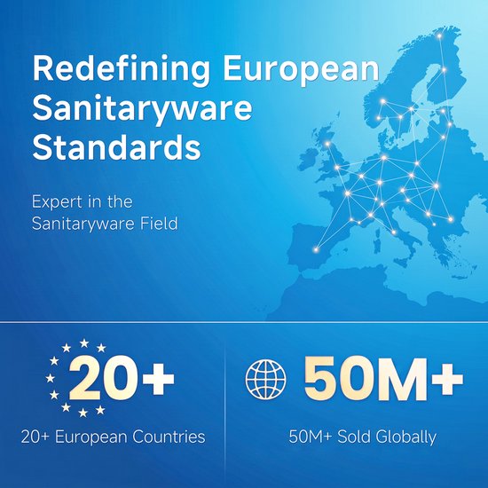 Een kaart van Europa met lichtgevende verbindingen en de tekst 'Redefining European Sanitaryware Standards'. Cijfers tonen 20+ landen en 50M+ wereldwijd verkocht.