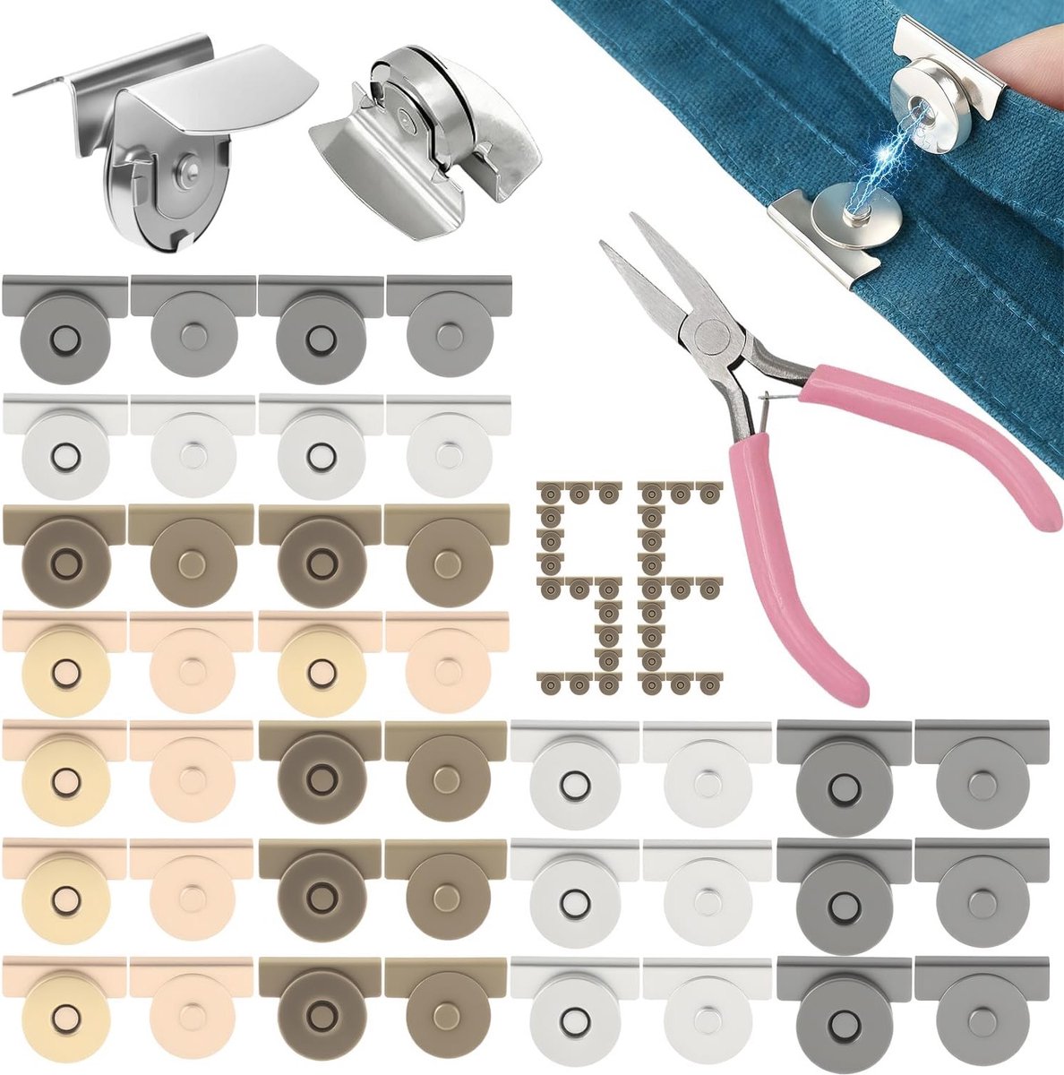 Magnetische drukknop set van 33 delen, 32 paar knoppen in 4 kleuren, inclusief platte tang voor DIY-projecten en sluitingen