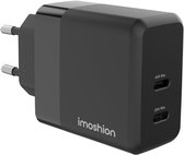 Zwarte imoshion 40W USB-C adapter met twee poorten, 40W Max en 20W Max.