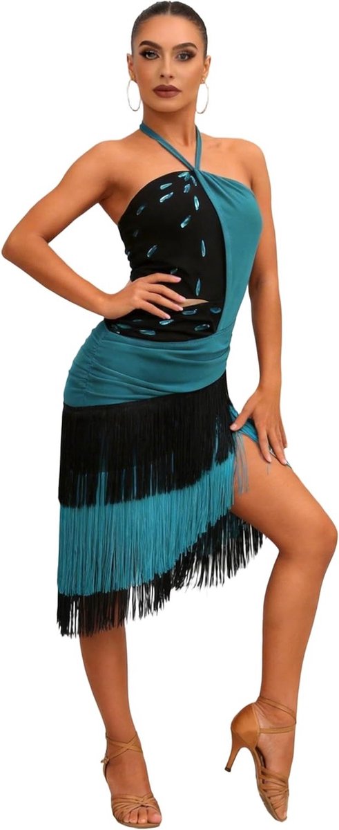 Sleevless Latin Fringed Dansjurk voor Dames, Salsa, Cha Cha, Samba en Rumba Kostuum met Halternek en Strass