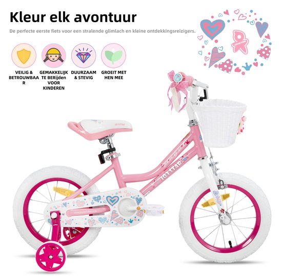 JOYSTAR Angel Meisjesfiets - Verschillende Maten 14 Inch - Met Zijwieltjes - Handrem - Inclusief Mandje - Roze van JOYSTAR — afbeelding 4