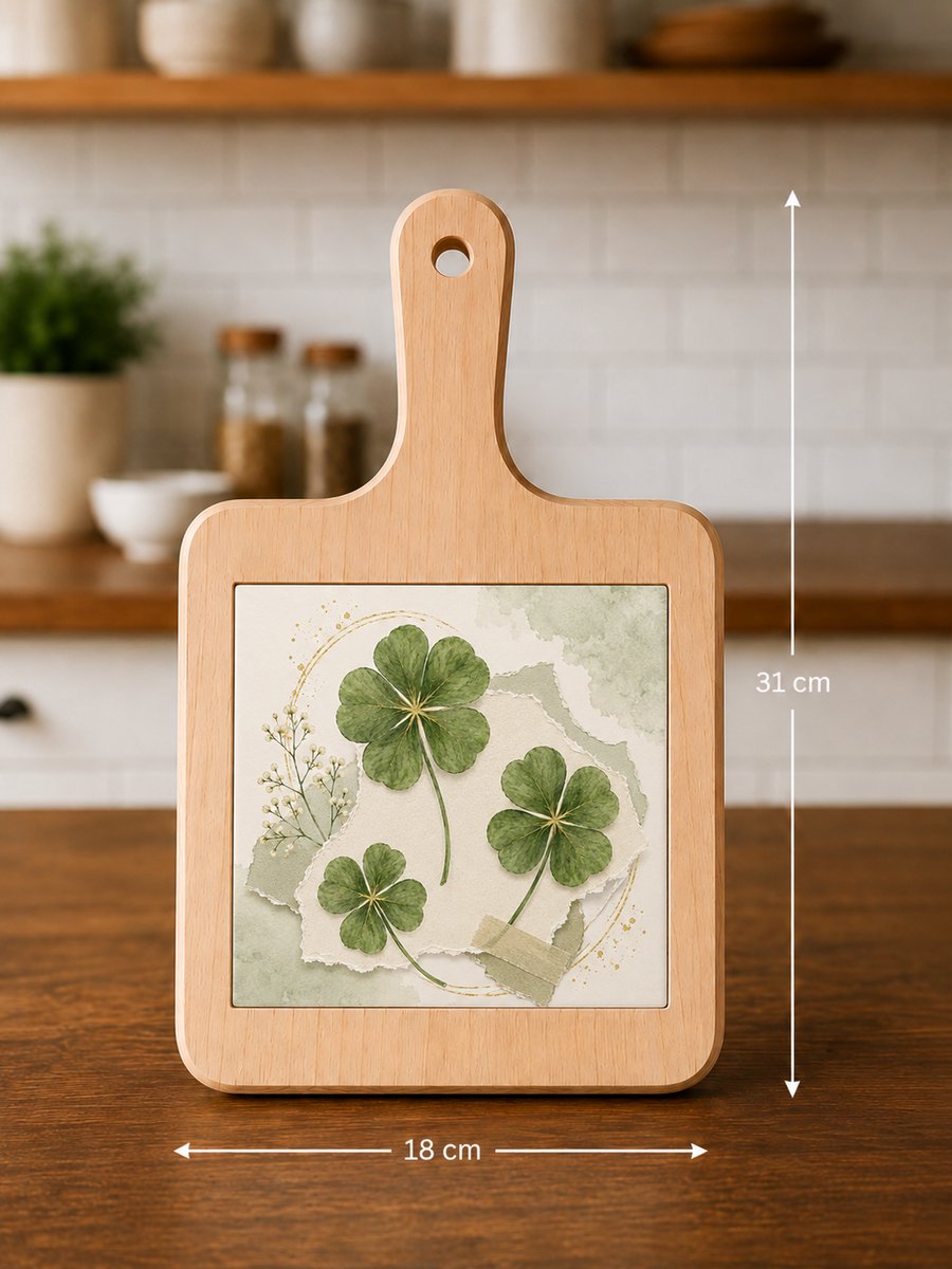 Kaasplank Klavertje Vier – Met Keramische Tegel – Houten Serveerplank 18 x 31 cm – Geluk Cadeau