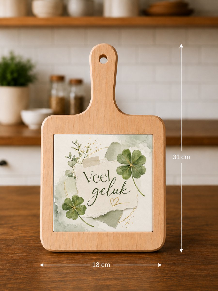 Kaasplank Veel Geluk – Met Keramische Tegel – Houten Serveerplank 18 x 31 cm – Klavertje Vier Cadeau