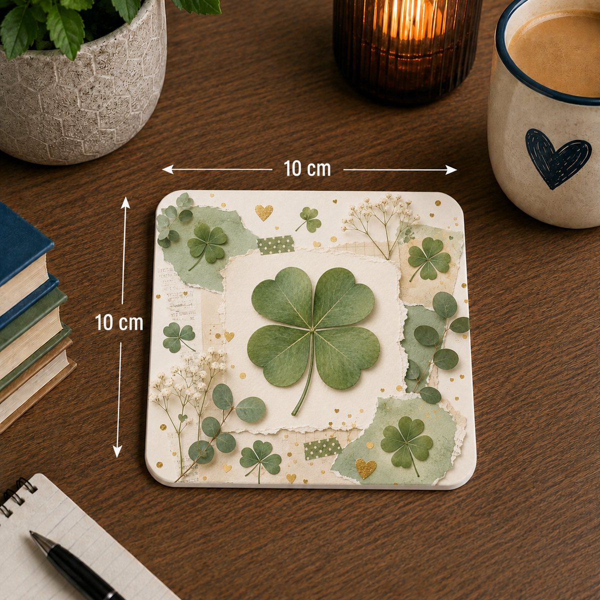 Onderzetter Klavertje Vier – 10 x 10 cm – Geluk Cadeau – Vierkante Onderzetter – Groen Design