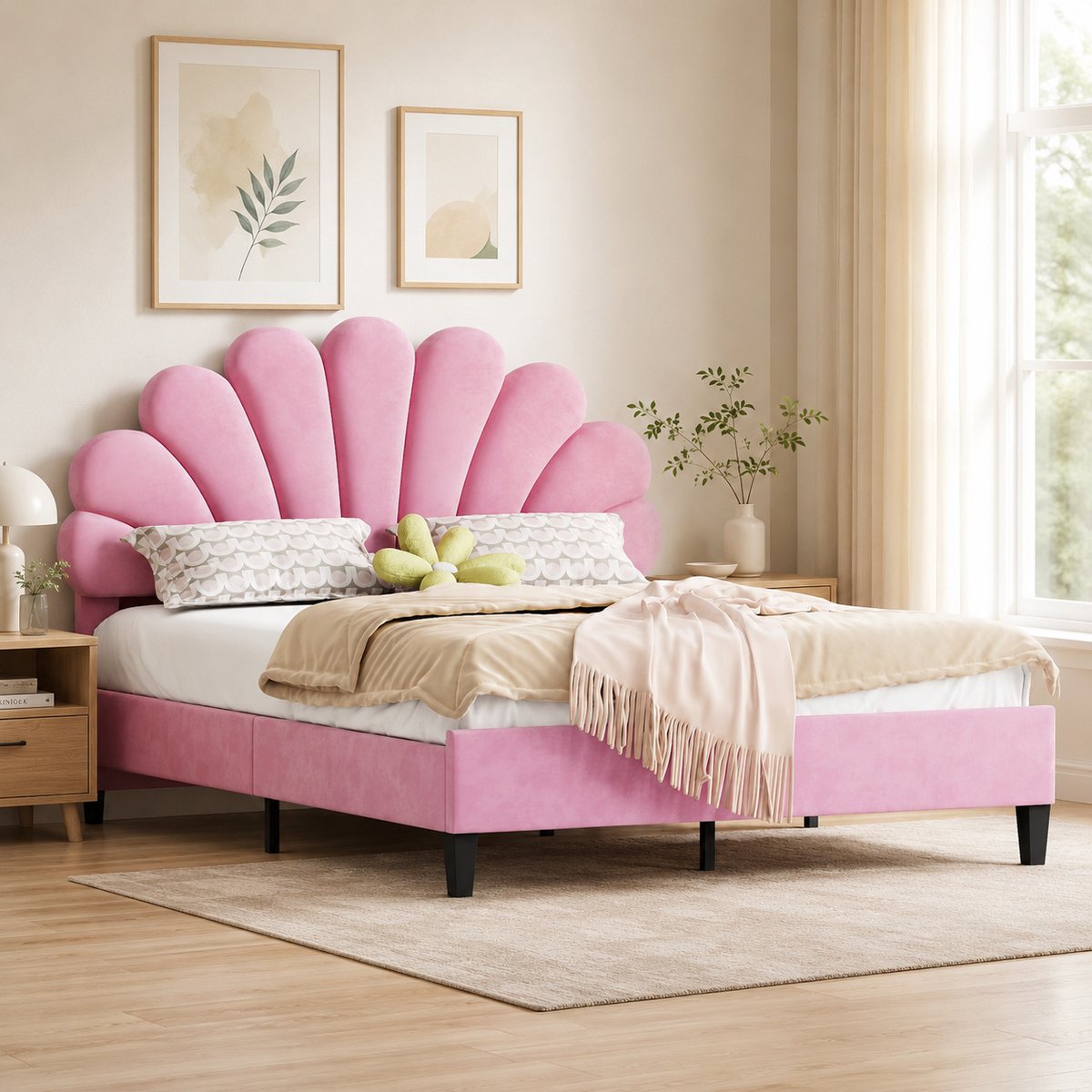 Gestoffeerd bed 140x200 cm - Tweepersoonsbed 140x200 cm - Hoofdbord met Fluwelen stof - Bloemblad-vormig hoofdbord - Houten Lattenbodem - Creëer een Veilige & Stijlvolle Slaapomgeving - Roze
