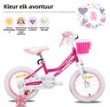 Roze meisjesfiets met witte banden en mandje, met tekst over veilige, duurzame en stevige fiets.