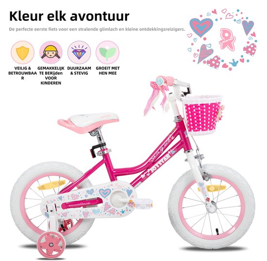 Roze meisjesfiets met witte banden en mandje, met tekst over veilige, duurzame en stevige fiets.