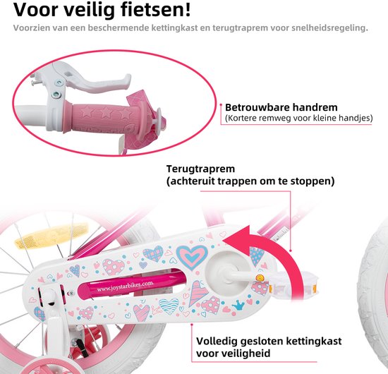Close-up van de roze fiets met mandje, met tekst over betrouwbare handrem en terugtraprem.