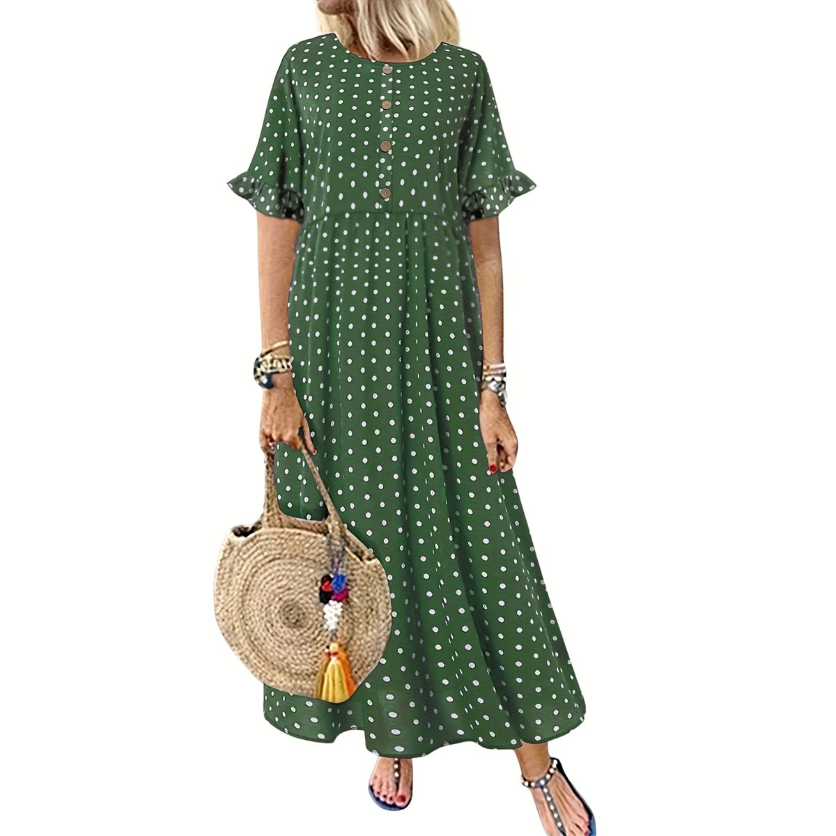 Currero Jurk Met Polkadots Stippen Zomerjurk Dames Zomerjurken Midi Jurk Volwassenen Ibiza Stijl Sundress Dress XL Groen