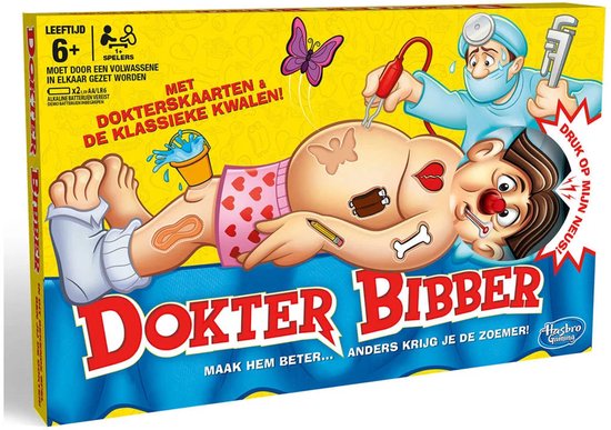 De doos van Dokter Bibber met de titel in rode letters, een chirurg die een patiënt opereert met een rode neus.