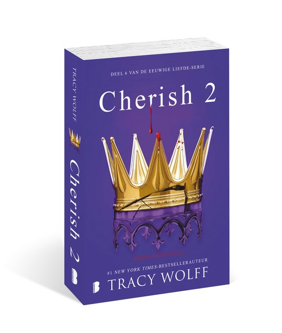 Boek Cherish 2 met gebarsten gouden kroon en bloeddruppels op een paarse achtergrond in 3D-aanzicht.